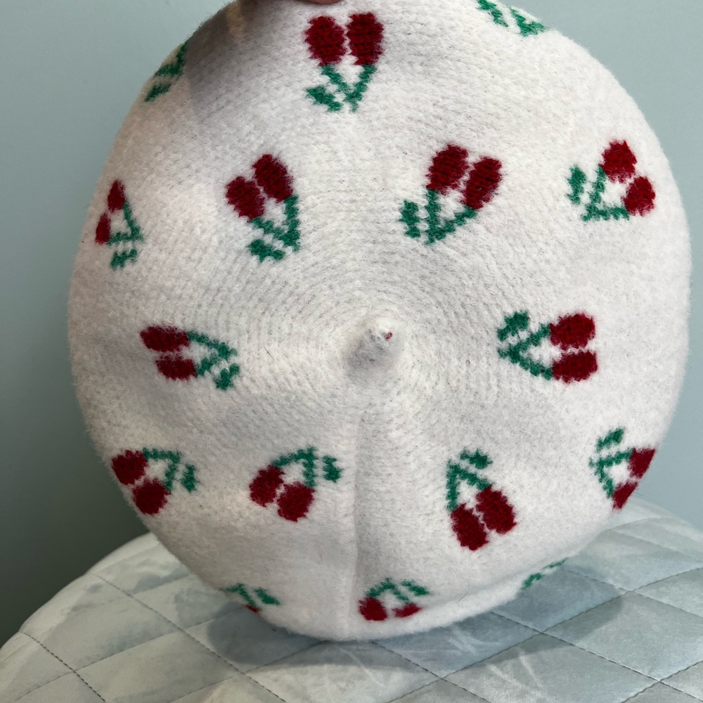 Anthropologie Maeve Floral Knit Beret - Ivory with Red and Green Cherries